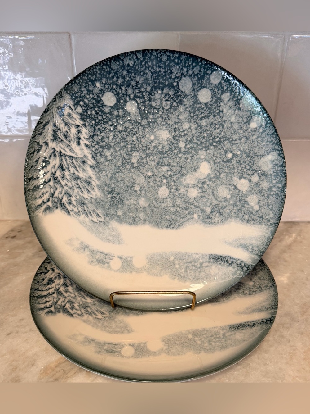 Intensa Home Hand-Painted Winter Scene Decorative Plate - Blue and White- 2